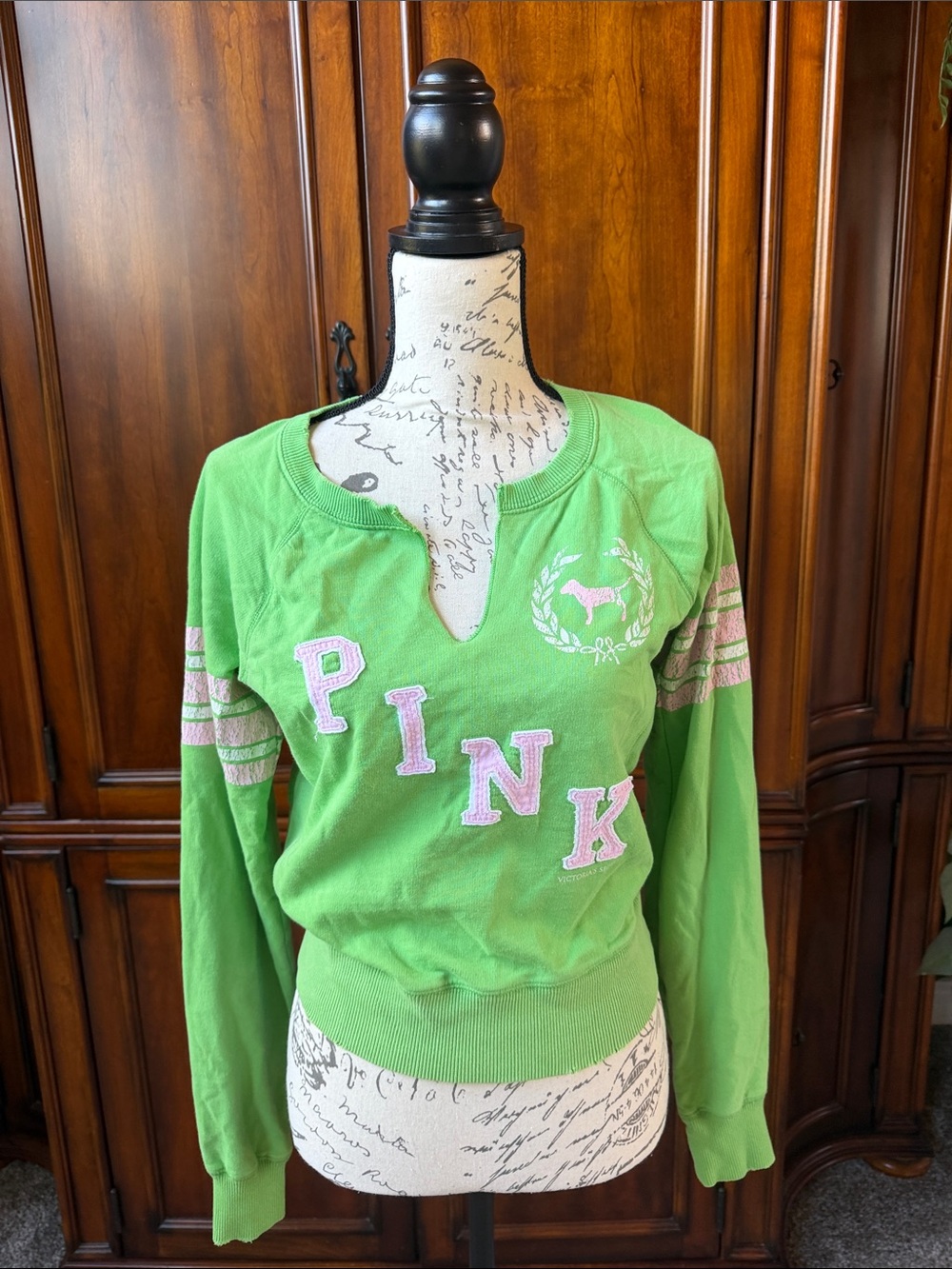 PINK Victoria's Secret Green Pullover with Pink Lettering